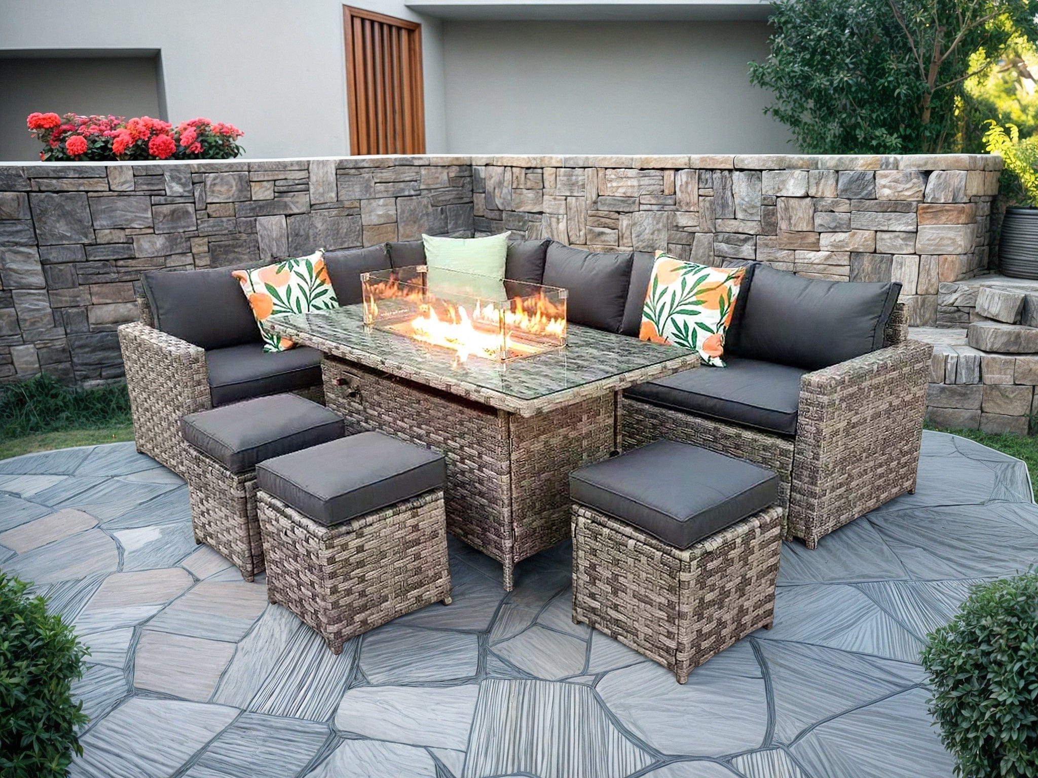 Barcelona Rattan Garden Furniture 9 Seater Corner Sofa Set with Fire pit Dining Table in Black Or Grey