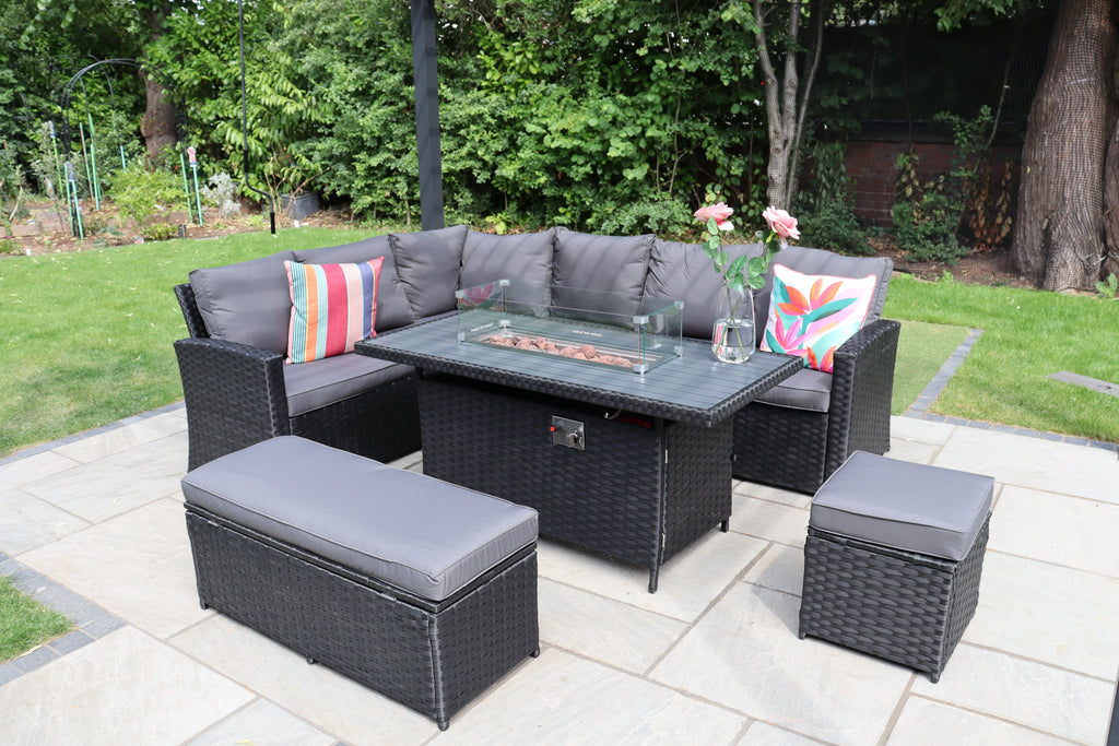 Rosen 9 Seater Rattan Garden Furniture Corner Sofa Set With Aluminum Fire Pit Dining Table And Storage Box