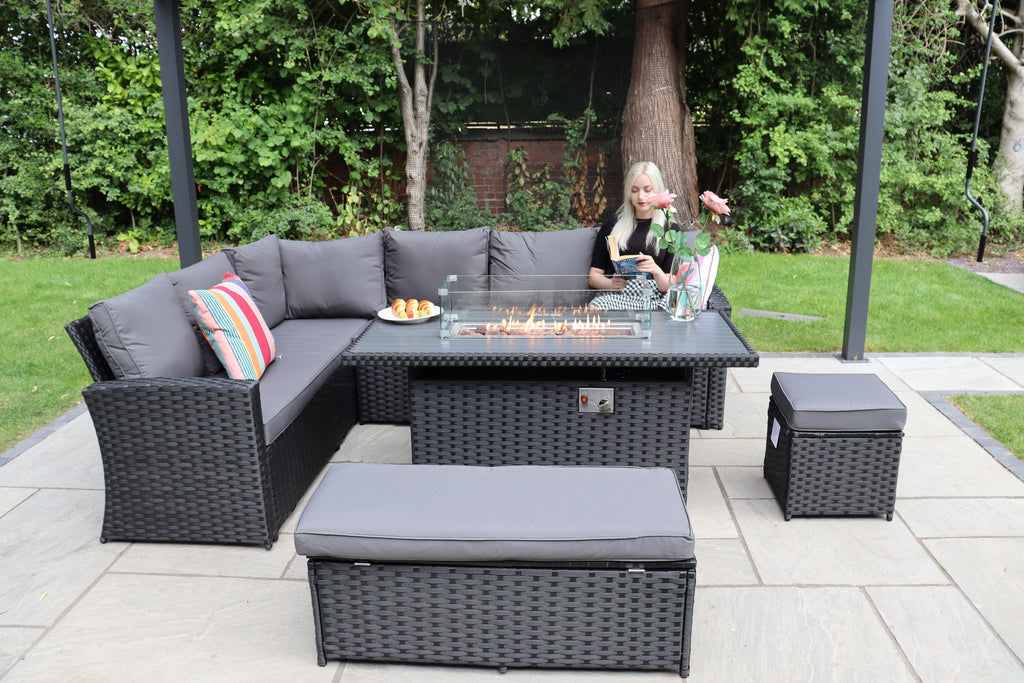 Rosen 9 Seater Rattan Garden Furniture Corner Sofa Set With Aluminum Fire Pit Dining Table And Storage Box