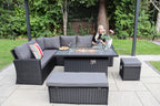 Rosen 9 Seater Rattan Garden Furniture Corner Sofa Set With Aluminum Fire Pit Dining Table And Storage Box