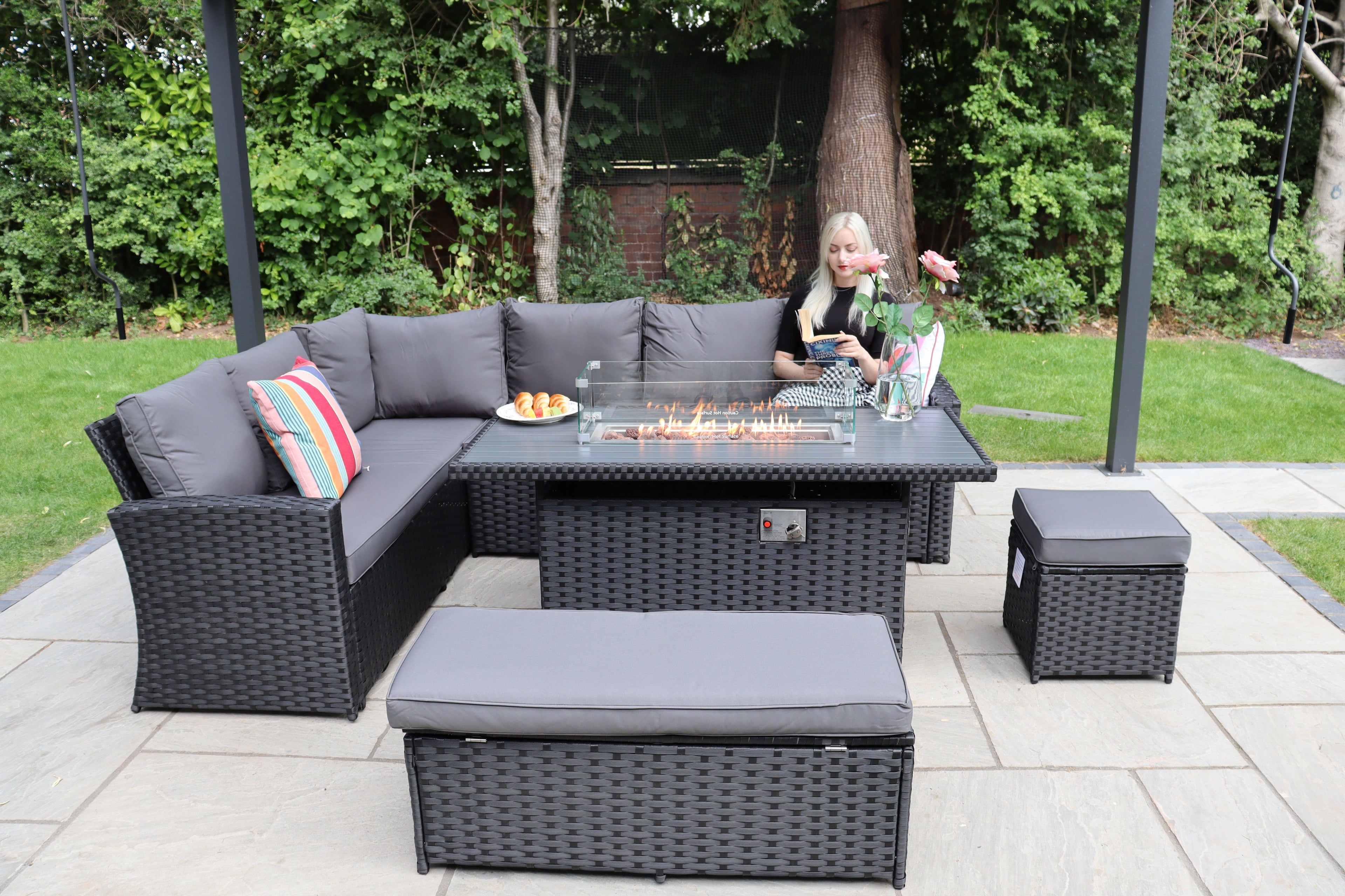 Rosen 9 Seater Rattan Garden Furniture Corner Sofa Set With Aluminum Fire Pit Dining Table And Storage Box