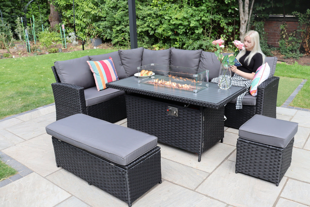Rosen 9 Seater Rattan Garden Furniture Corner Sofa Set With Aluminum Fire Pit Dining Table And Storage Box