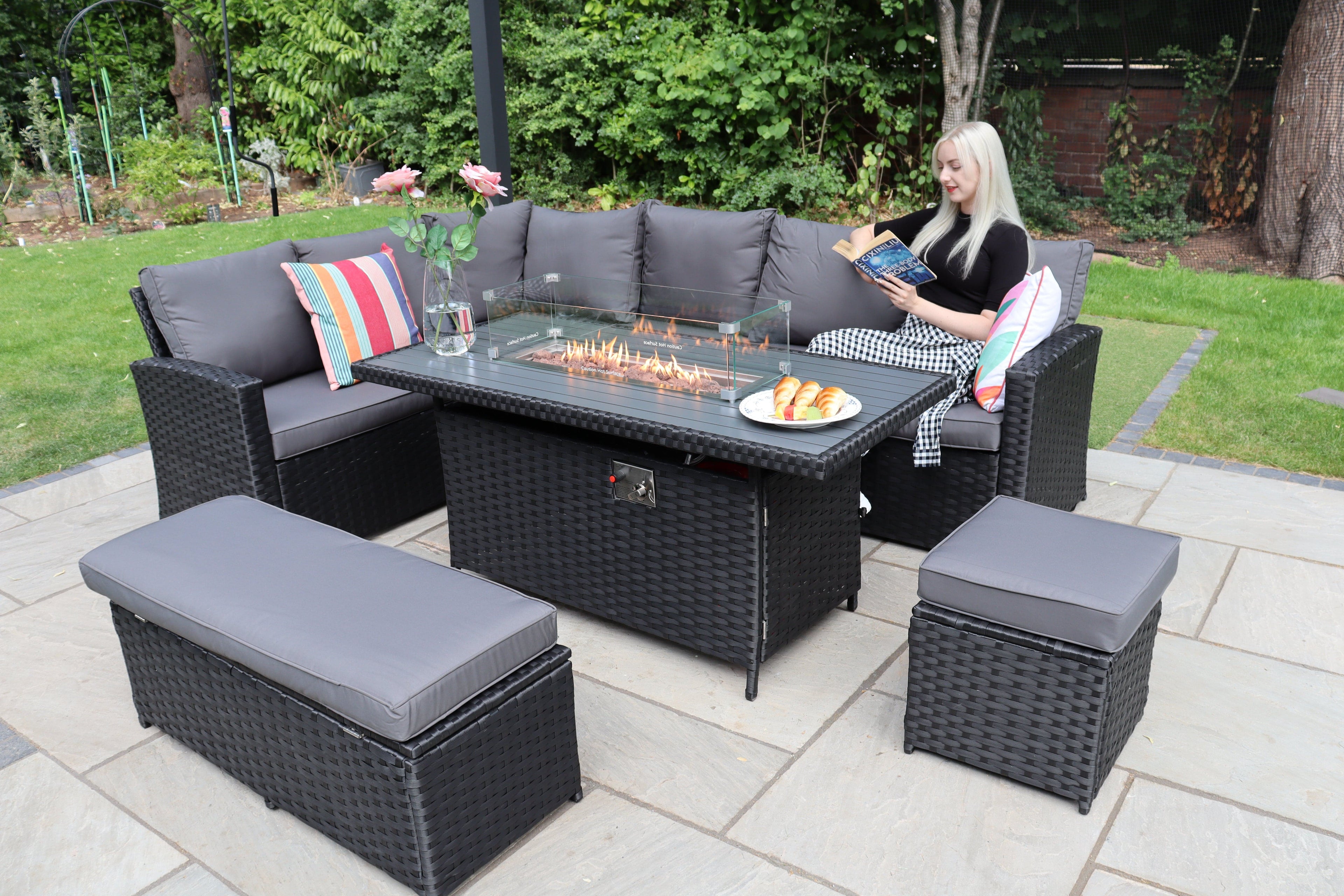 Rosen 9 Seater Rattan Garden Furniture Corner Sofa Set With Aluminum Fire Pit Dining Table And Storage Box