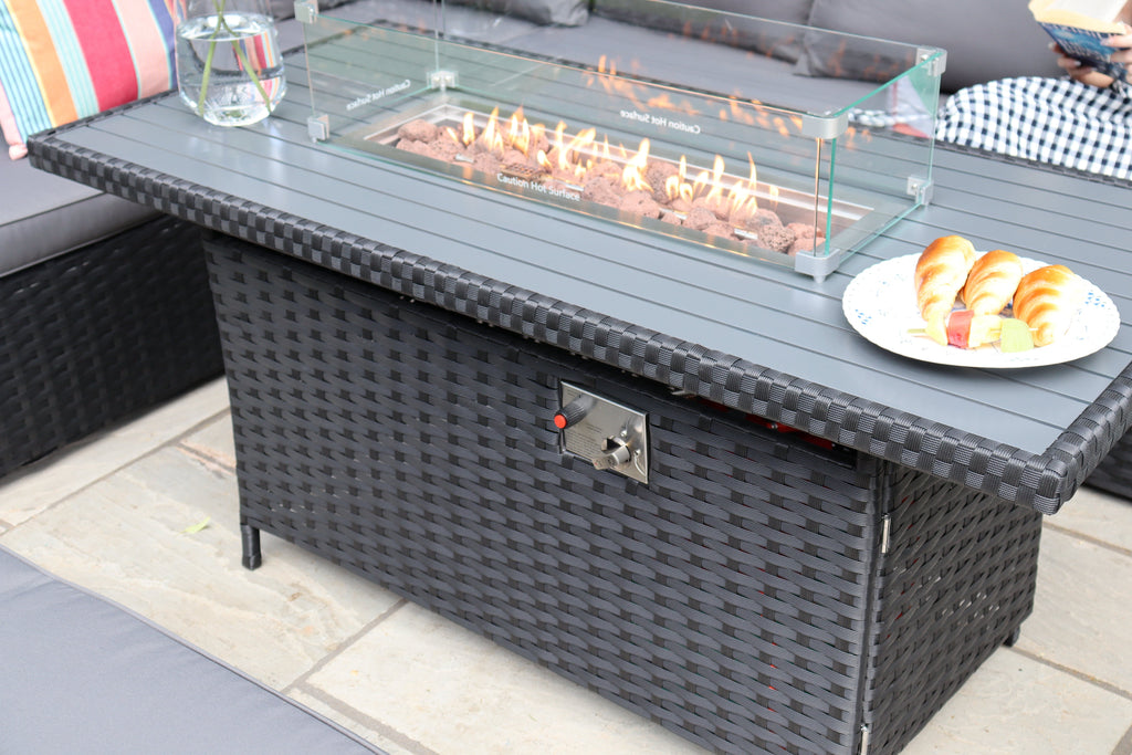 Rosen 9 Seater Rattan Garden Furniture Corner Sofa Set With Aluminum Fire Pit Dining Table And Storage Box