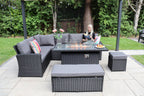 Rosen 9 Seater Rattan Garden Furniture Corner Sofa Set With Aluminum Fire Pit Dining Table And Storage Box
