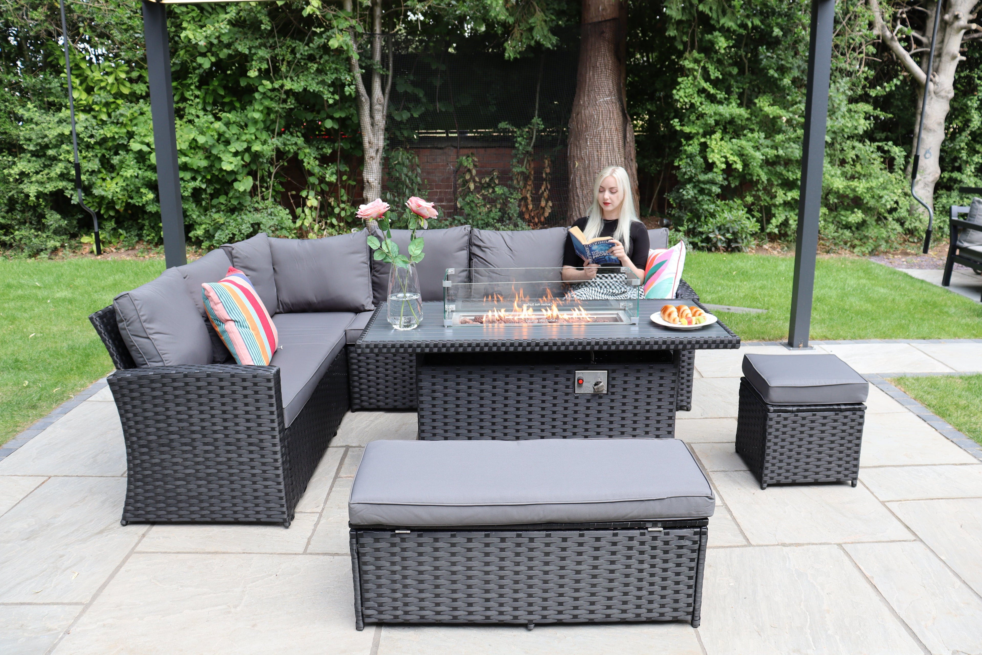 Rosen 9 Seater Rattan Garden Furniture Corner Sofa Set With Aluminum Fire Pit Dining Table And Storage Box