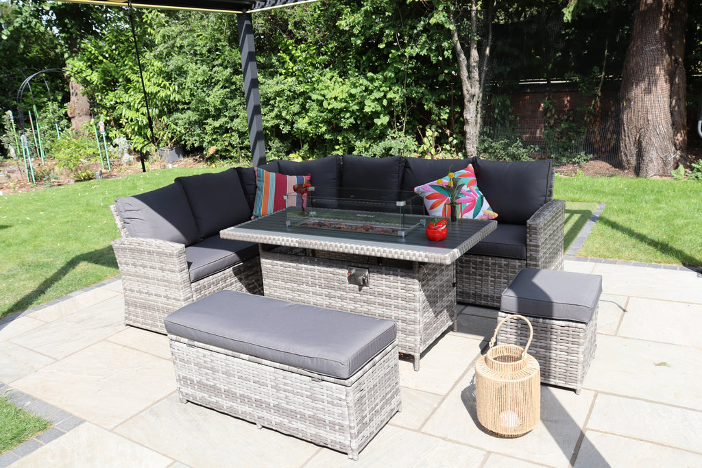 Rosen 9 Seater Rattan Garden Furniture Corner Sofa Set With Aluminum Fire Pit Dining Table And Storage Box