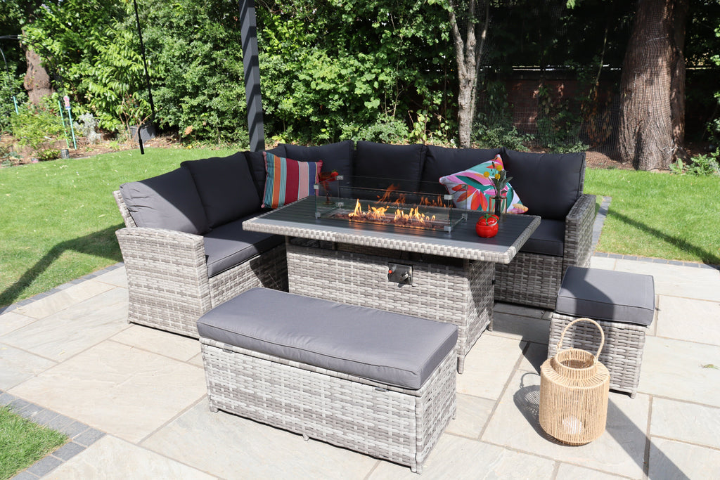Rosen 9 Seater Rattan Garden Furniture Corner Sofa Set With Aluminum Fire Pit Dining Table And Storage Box