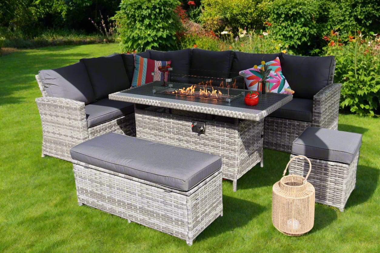 Rosen 9 Seater Rattan Garden Furniture Corner Sofa Set With Aluminum Fire Pit Dining Table And Storage Box