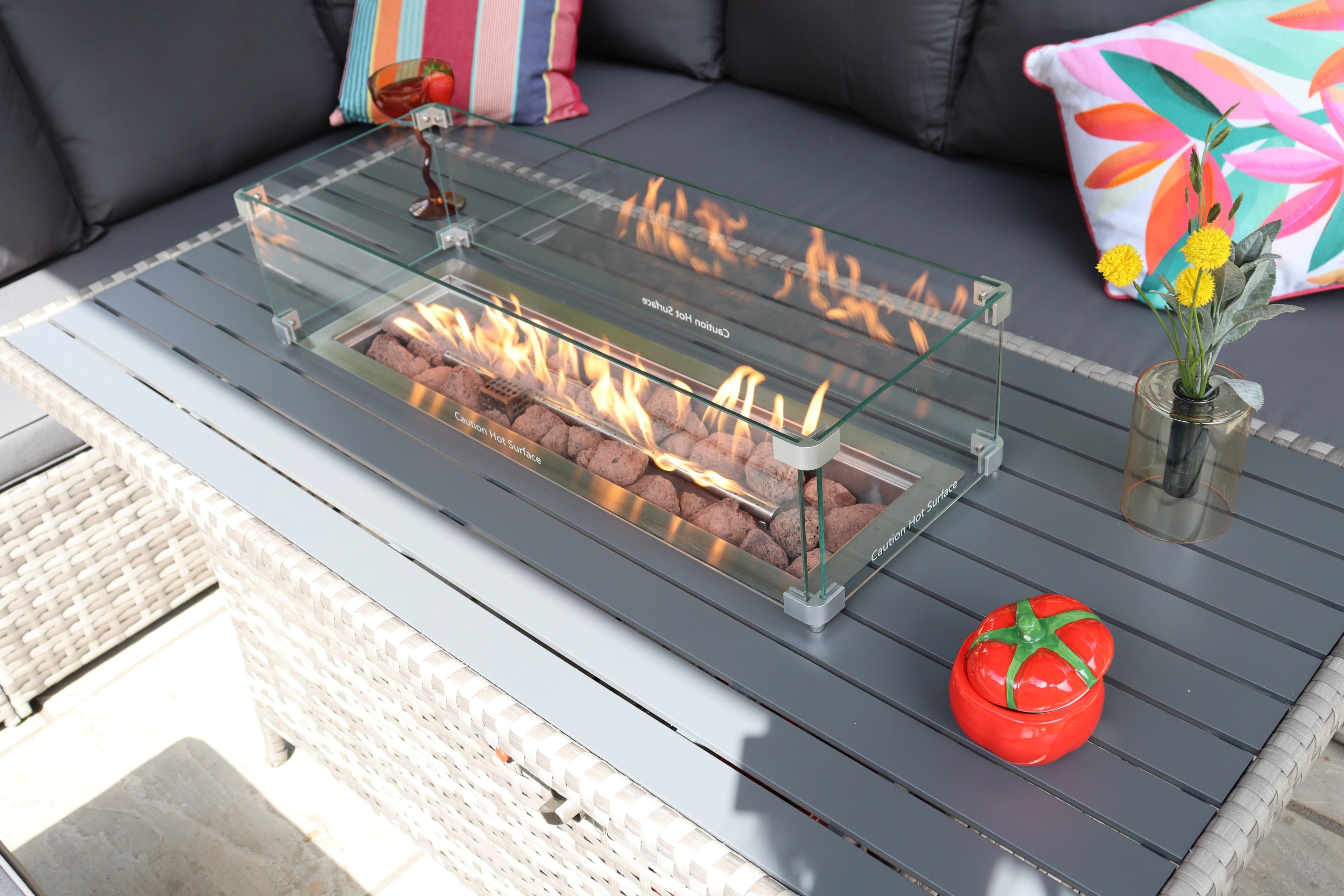 Rosen 9 Seater Rattan Garden Furniture Corner Sofa Set With Aluminum Fire Pit Dining Table And Storage Box