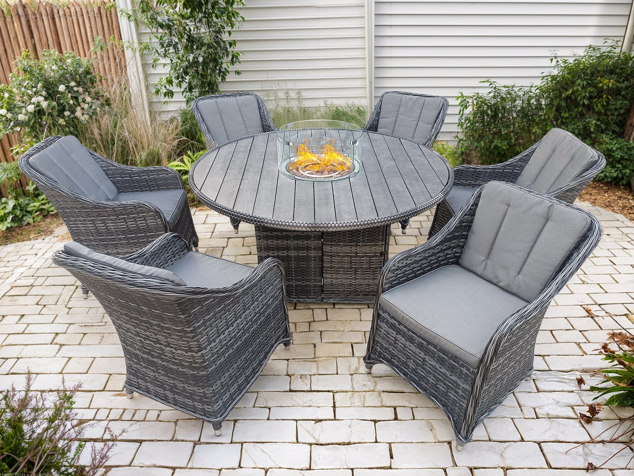 Aura 6 Seater Rattan Garden Furniture With Round/Rectangle Table Fire Pit Set In Grey