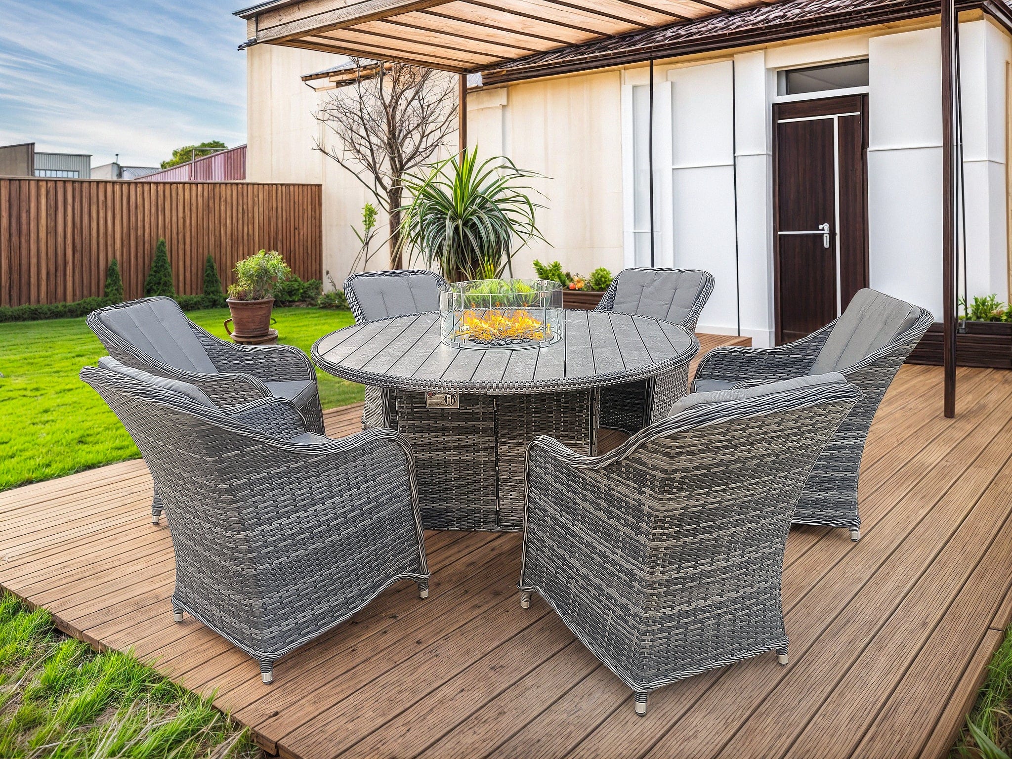 Aura 6 Seater Rattan Garden Furniture With Round/Rectangle Table Fire Pit Set In Grey