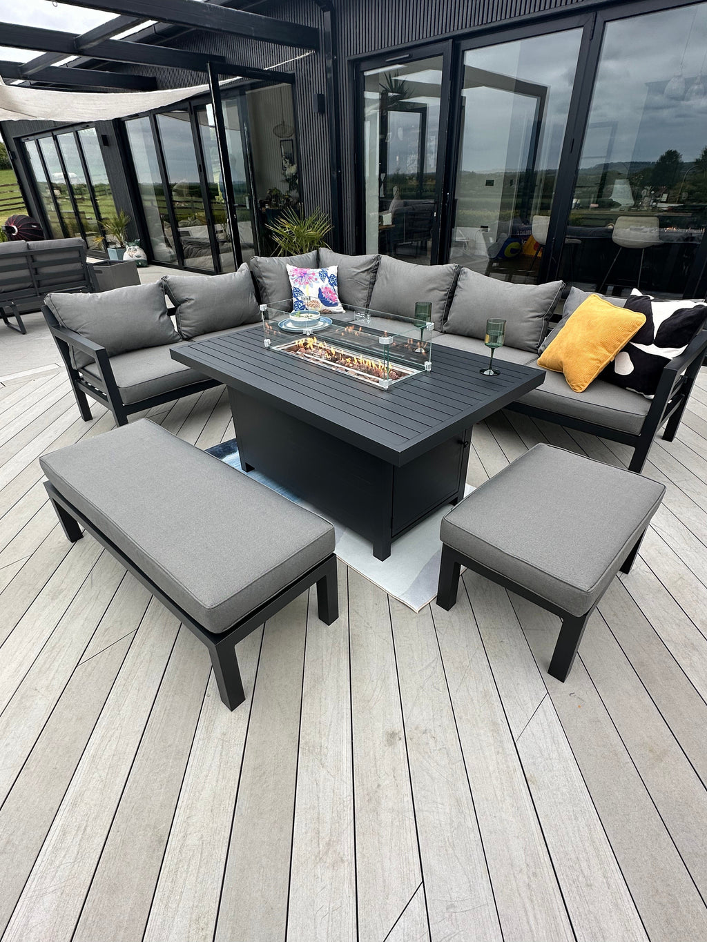 Berlin Large 9 seater Outdoor Fabric and Aluminium Corner Casual Dining Set with Firepit Table
