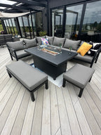 Berlin Large 9 seater Outdoor Fabric and Aluminium Corner Casual Dining Set with Firepit Table