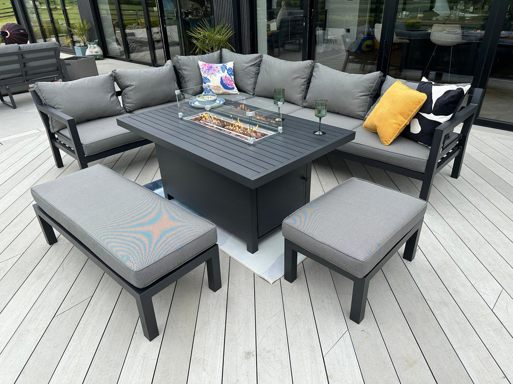 Berlin Large 9 seater Outdoor Fabric and Aluminium Corner Casual Dining Set with Firepit Table