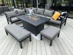 Berlin Large 9 seater Outdoor Fabric and Aluminium Corner Casual Dining Set with Firepit Table