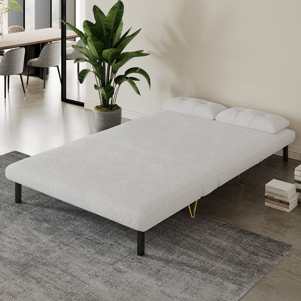 Jola White Boucle Foldable Sofa Bed With Metal Legs And Pillow