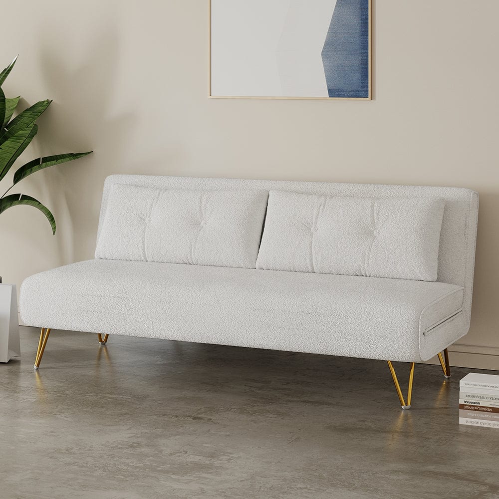 Jola White Boucle Foldable Sofa Bed With Metal Legs And Pillow