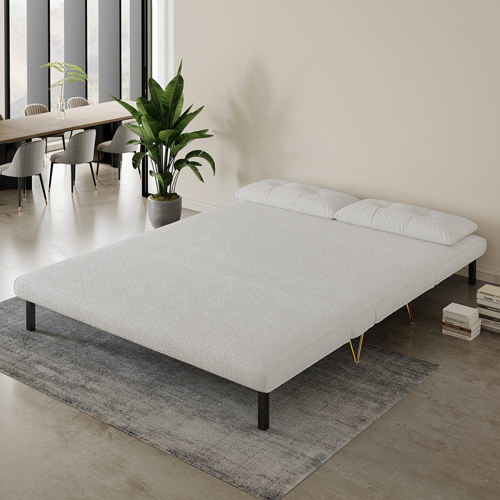 Jola White Boucle Foldable Sofa Bed With Metal Legs And Pillow
