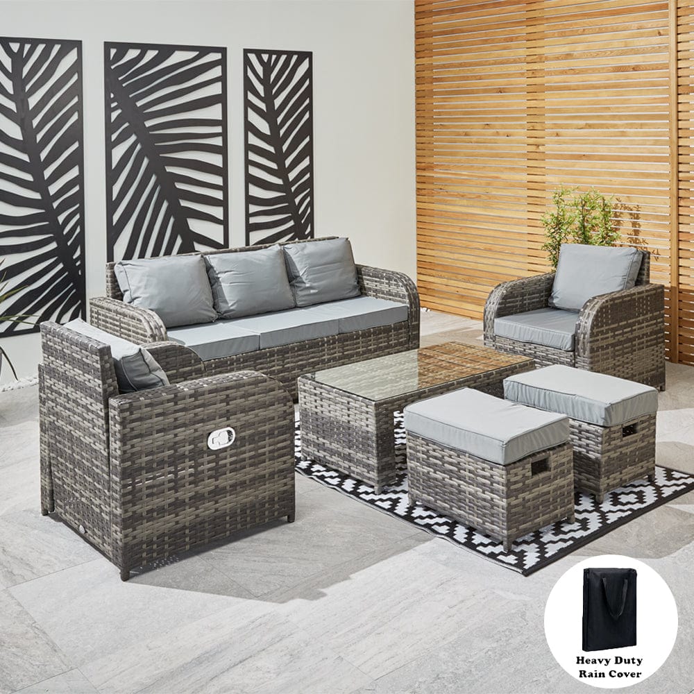 Lotus 7 Seater Rattan Garden Recliner Cube Sofa Set In Grey