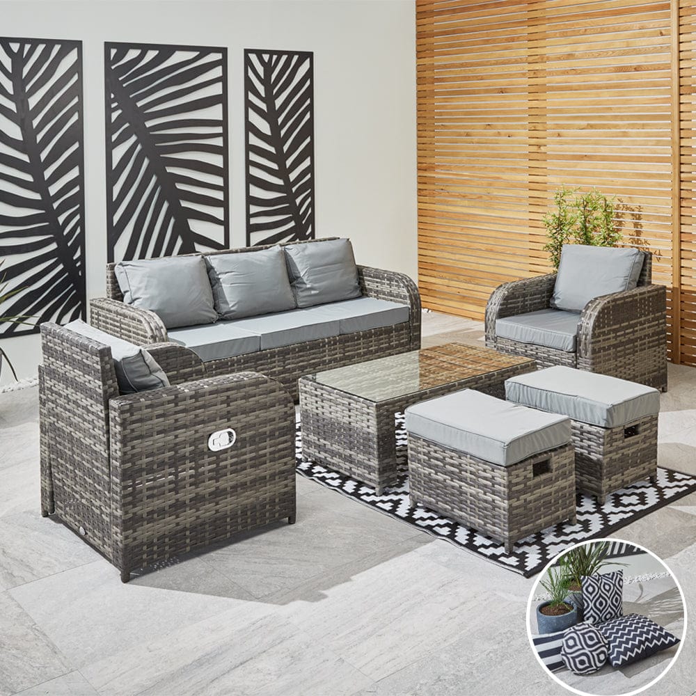 Lotus 7 Seater Rattan Garden Recliner Cube Sofa Set In Grey