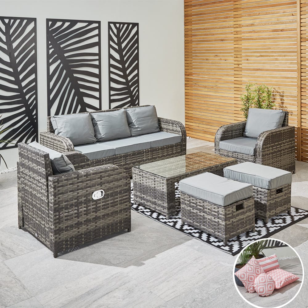 Lotus 7 Seater Rattan Garden Recliner Cube Sofa Set In Grey