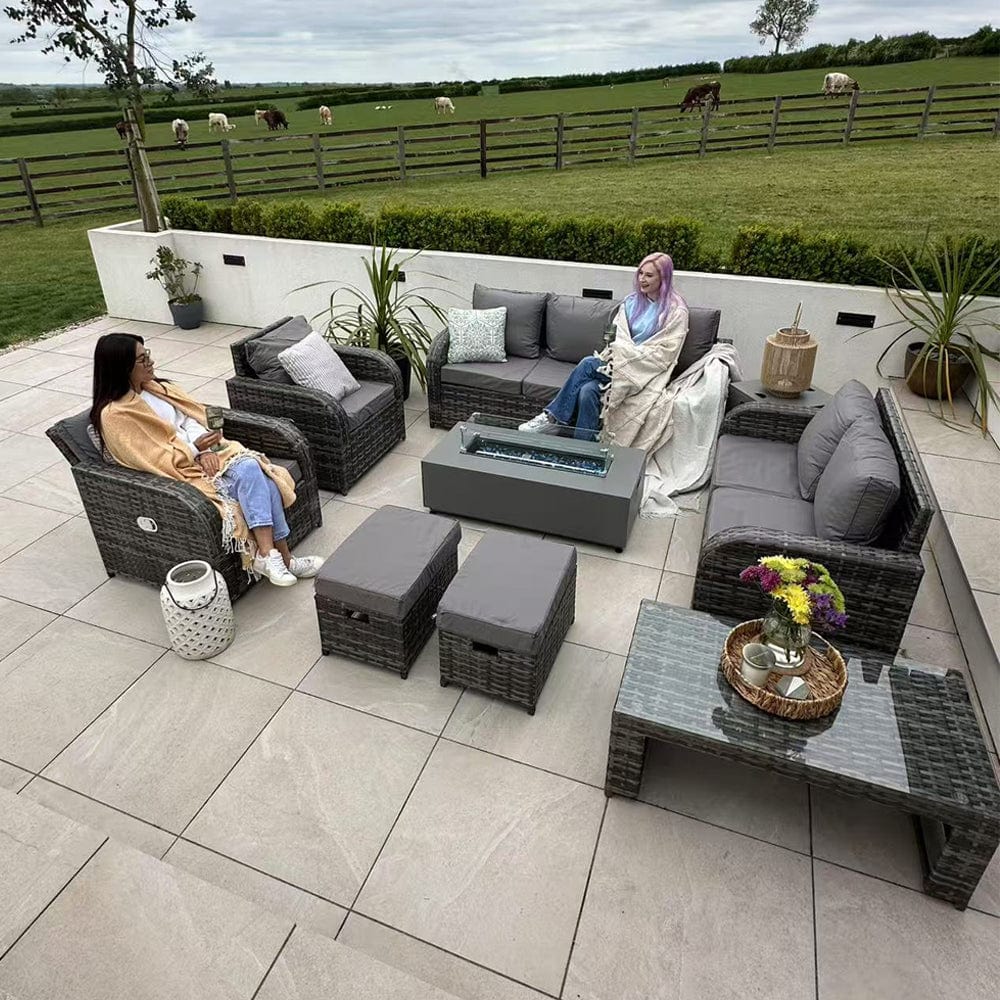 Lotus 9 Seater Rattan Garden Furniture Recliner Cube Sofa Set with Fire Pit Option