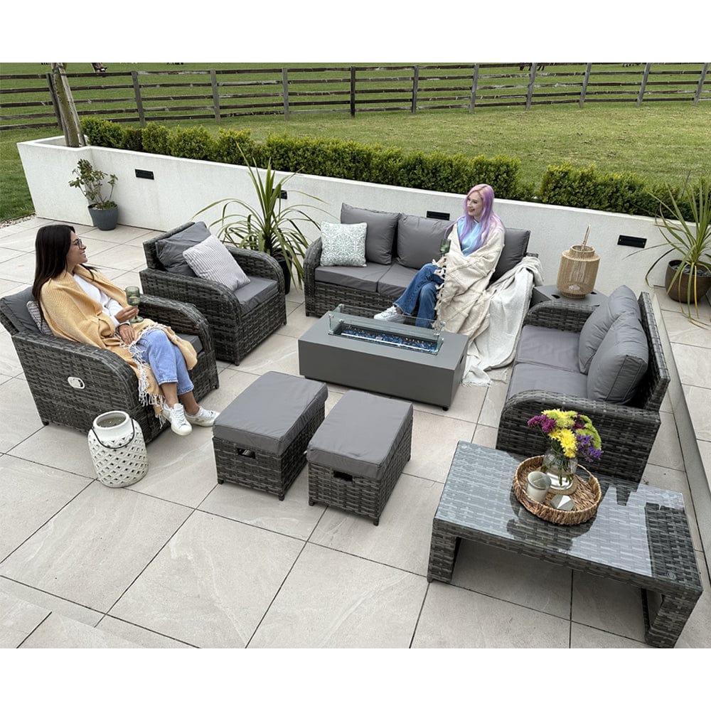 Lotus 9 Seater Rattan Garden Furniture Recliner Cube Sofa Set with Fire Pit Option