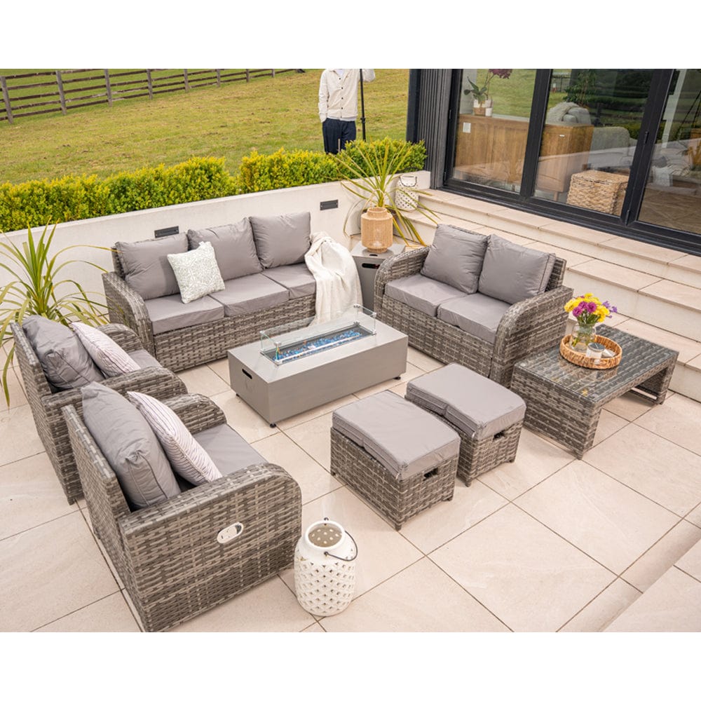 Lotus 9 Seater Rattan Garden Furniture Recliner Cube Sofa Set with Fire Pit Option