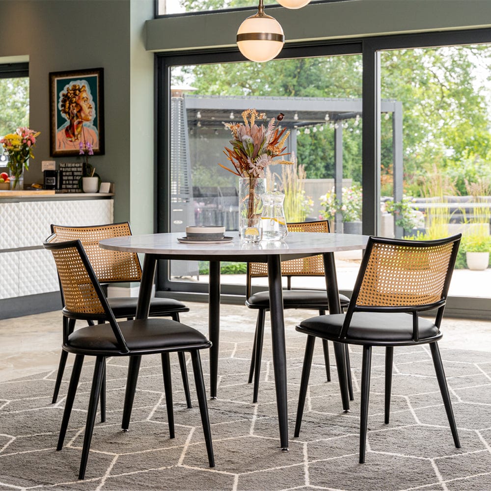 Boho Marbled Effect Dining Table Set With 4 PE Rattan Chairs