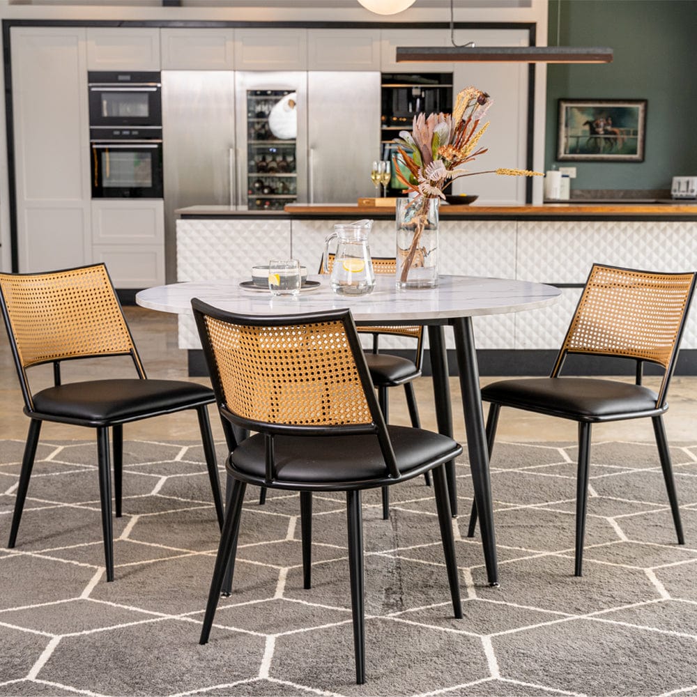 Boho Marbled Effect Dining Table Set With 4 PE Rattan Chairs