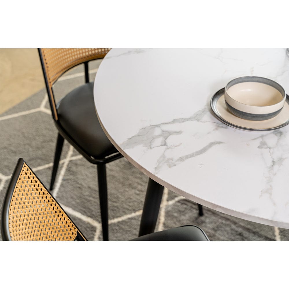 Boho Marbled Effect Dining Table Set With 4 PE Rattan Chairs