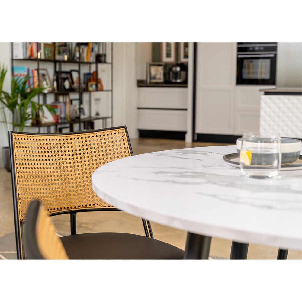 Boho Marbled Effect Dining Table Set With 4 PE Rattan Chairs