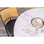 Boho Marbled Effect Dining Table Set With 4 PE Rattan Chairs