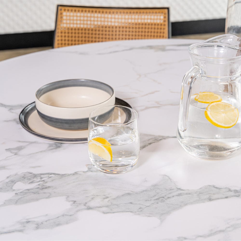 Boho Marbled Effect Dining Table Set With 4 PE Rattan Chairs