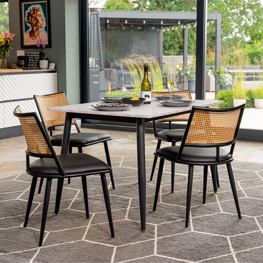 Boho Marbled Effect Dining Table Set With 4 PE Rattan Chairs