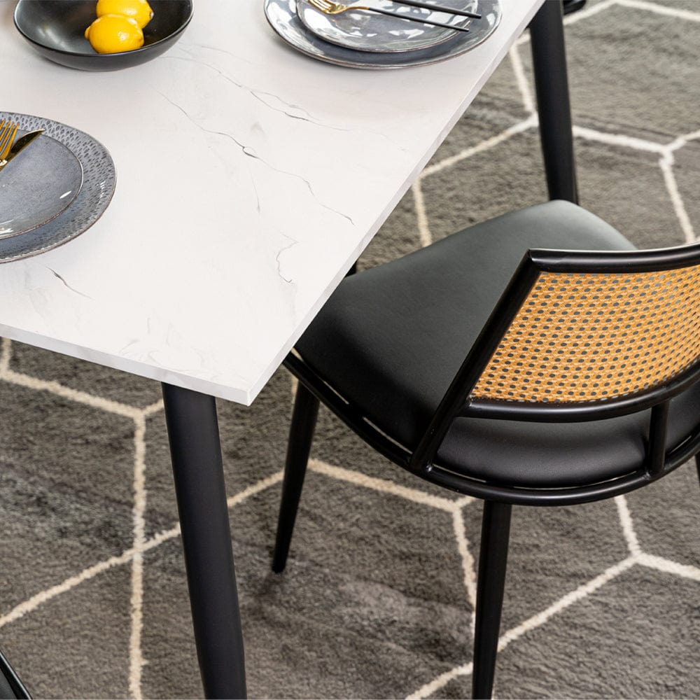 Boho Marbled Effect Dining Table Set With 4 PE Rattan Chairs