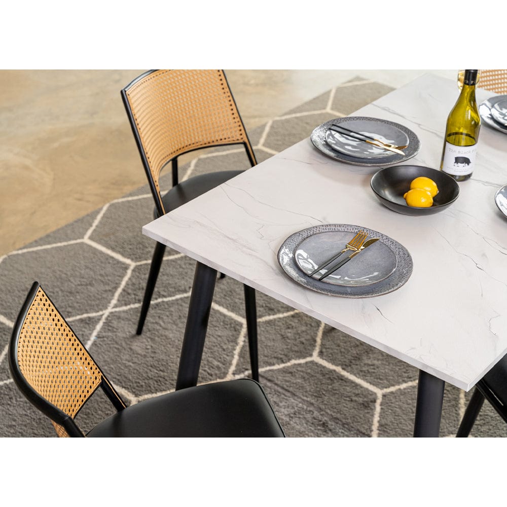 Boho Marbled Effect Dining Table Set With 4 PE Rattan Chairs