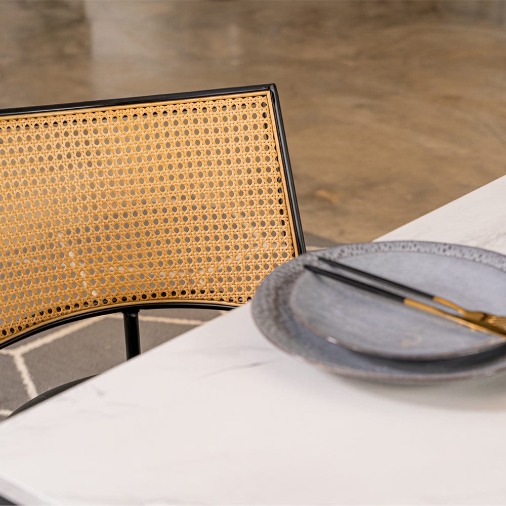 Boho Marbled Effect Dining Table Set With 4 PE Rattan Chairs