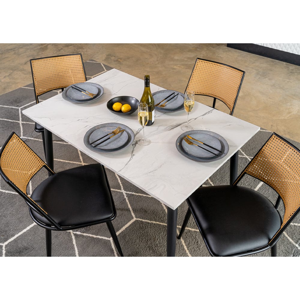Boho Marbled Effect Dining Table Set With 4 PE Rattan Chairs