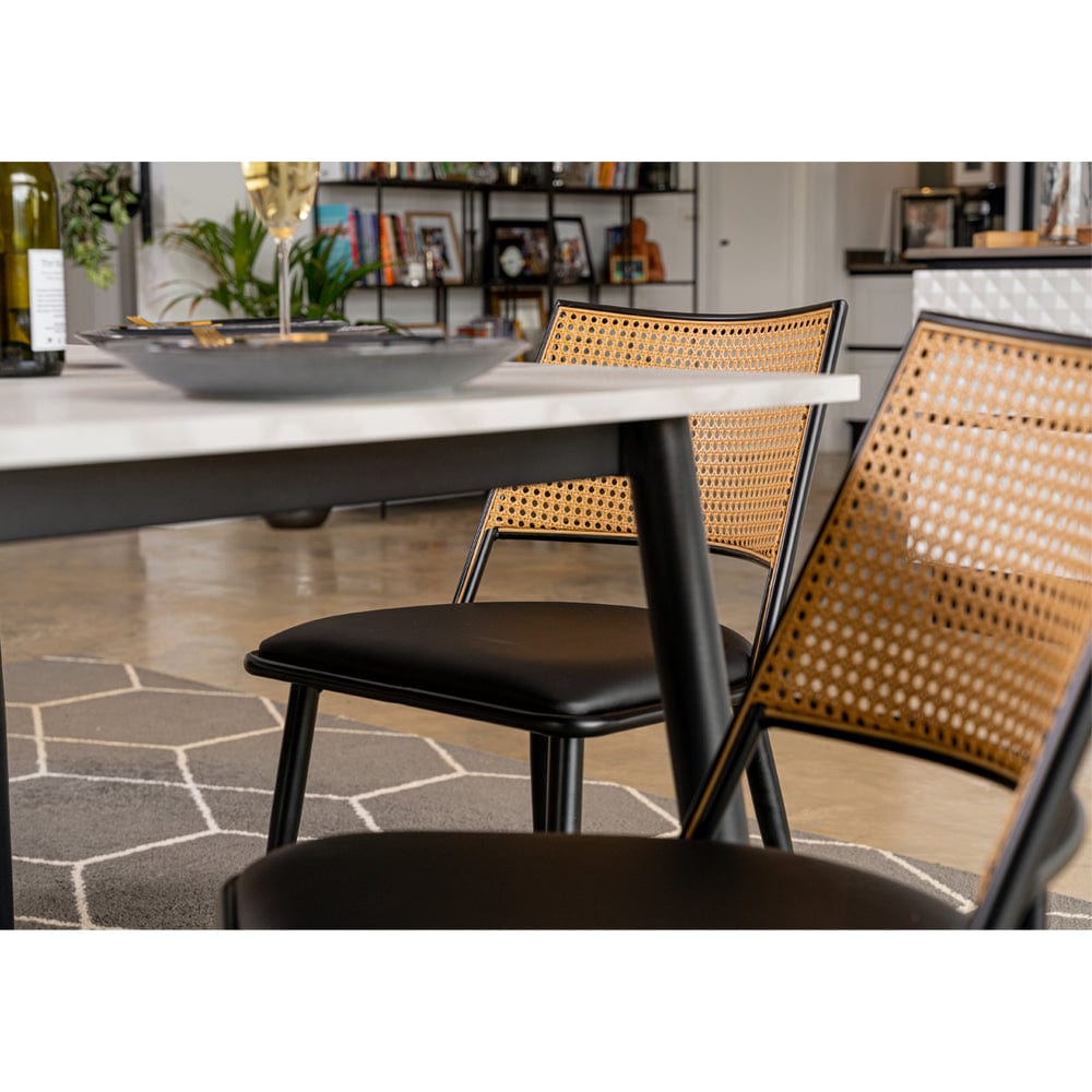 Boho Marbled Effect Dining Table Set With 4 PE Rattan Chairs