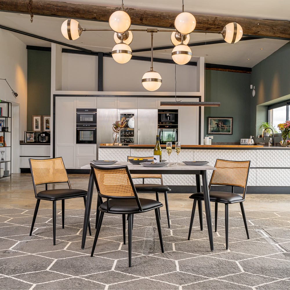 Boho Marbled Effect Dining Table Set With 4 PE Rattan Chairs