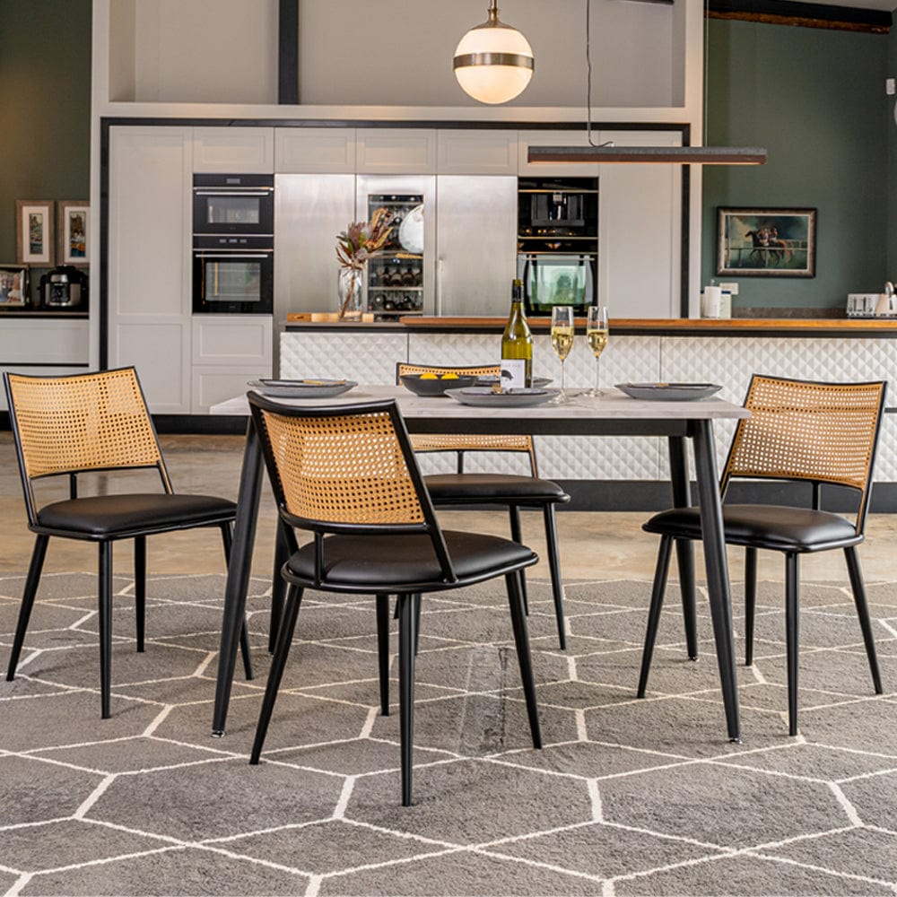 Boho Marbled Effect Dining Table Set With 4 PE Rattan Chairs