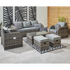 Lotus 7 Seater Rattan Garden Recliner Cube Sofa Set In Grey