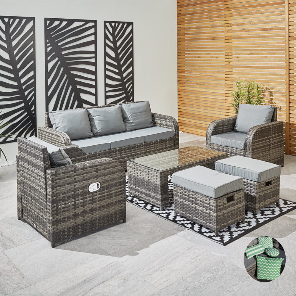 Lotus 7 Seater Rattan Garden Recliner Cube Sofa Set In Grey