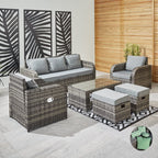 Lotus 7 Seater Rattan Garden Recliner Cube Sofa Set In Grey