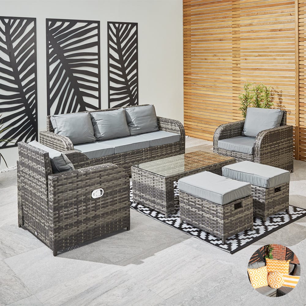Lotus 7 Seater Rattan Garden Recliner Cube Sofa Set In Grey