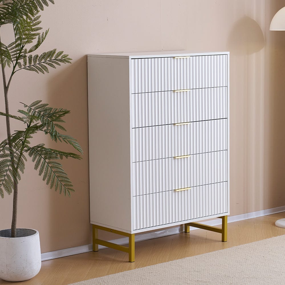 Mercury Ridged 5 Drawers Chset Storage Cabinet In White