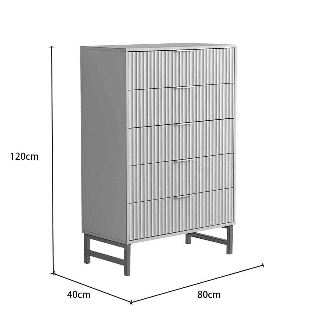 Mercury Ridged 5 Drawers Chset Storage Cabinet In White
