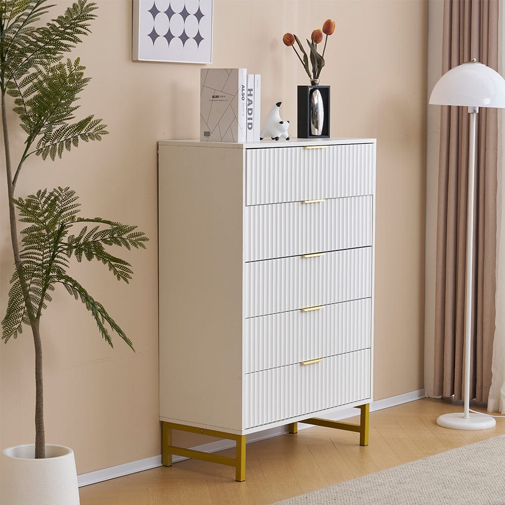 Mercury Ridged 5 Drawers Chset Storage Cabinet In White